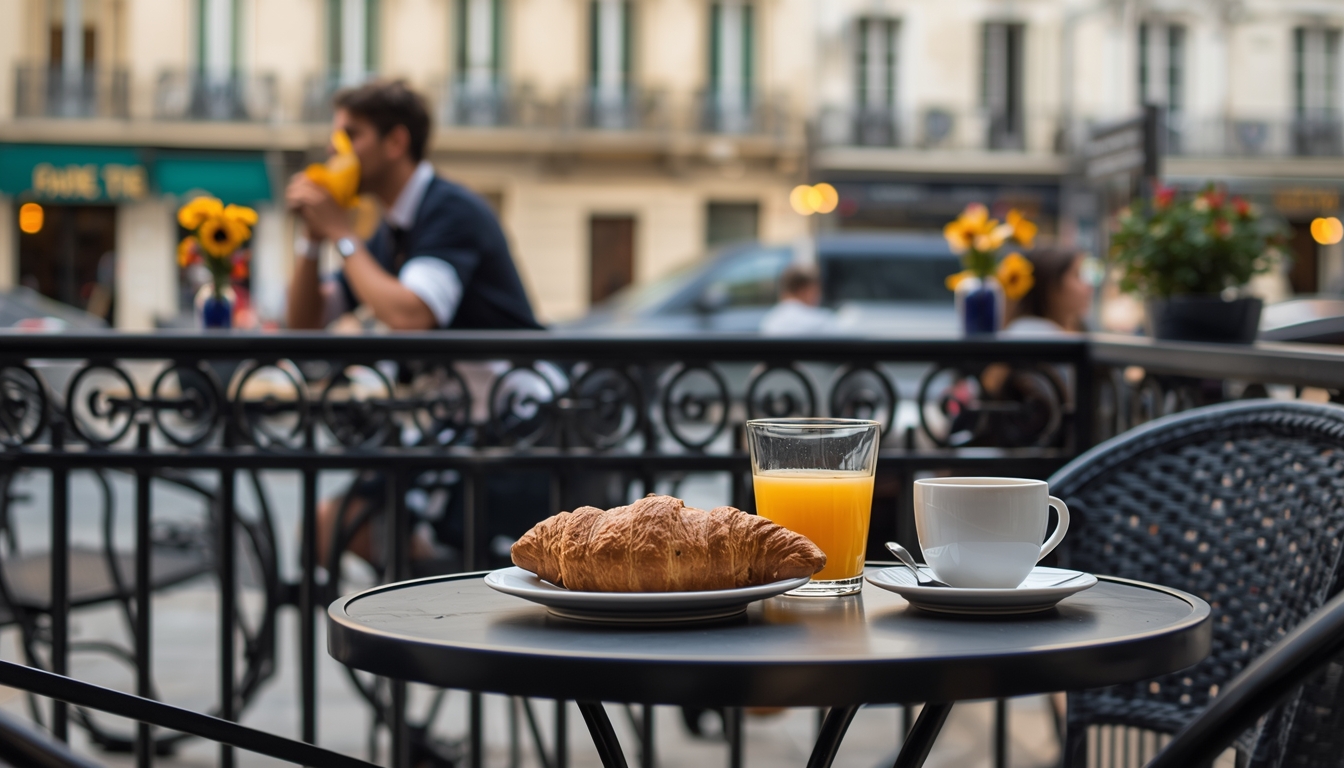 Parisian terrace, morning coffee and croissant