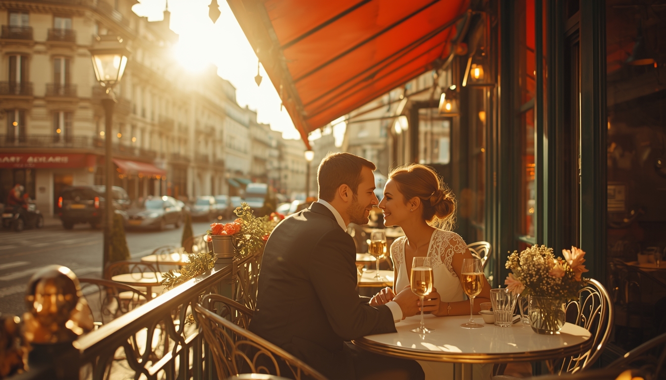 Couple at a Parisian terrace, golden afternoon light